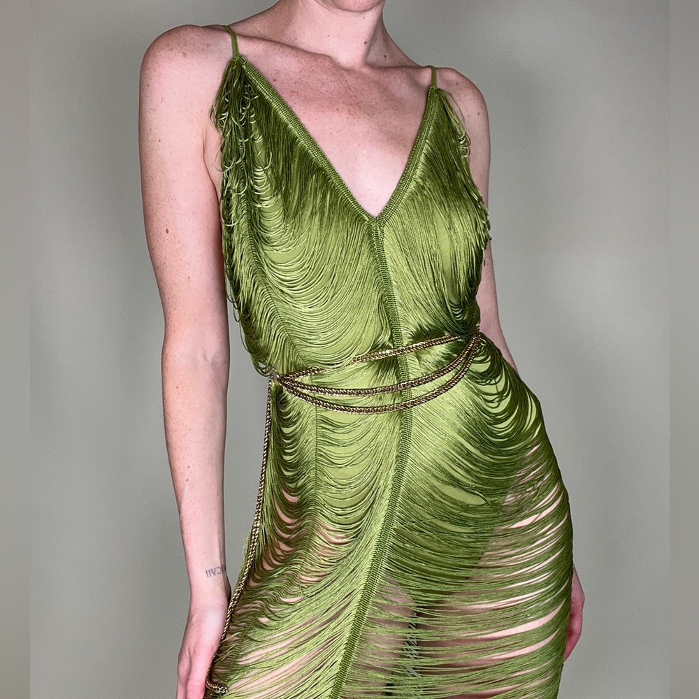 PrettyLittleThing Olive Green Fringed Maxi Dress